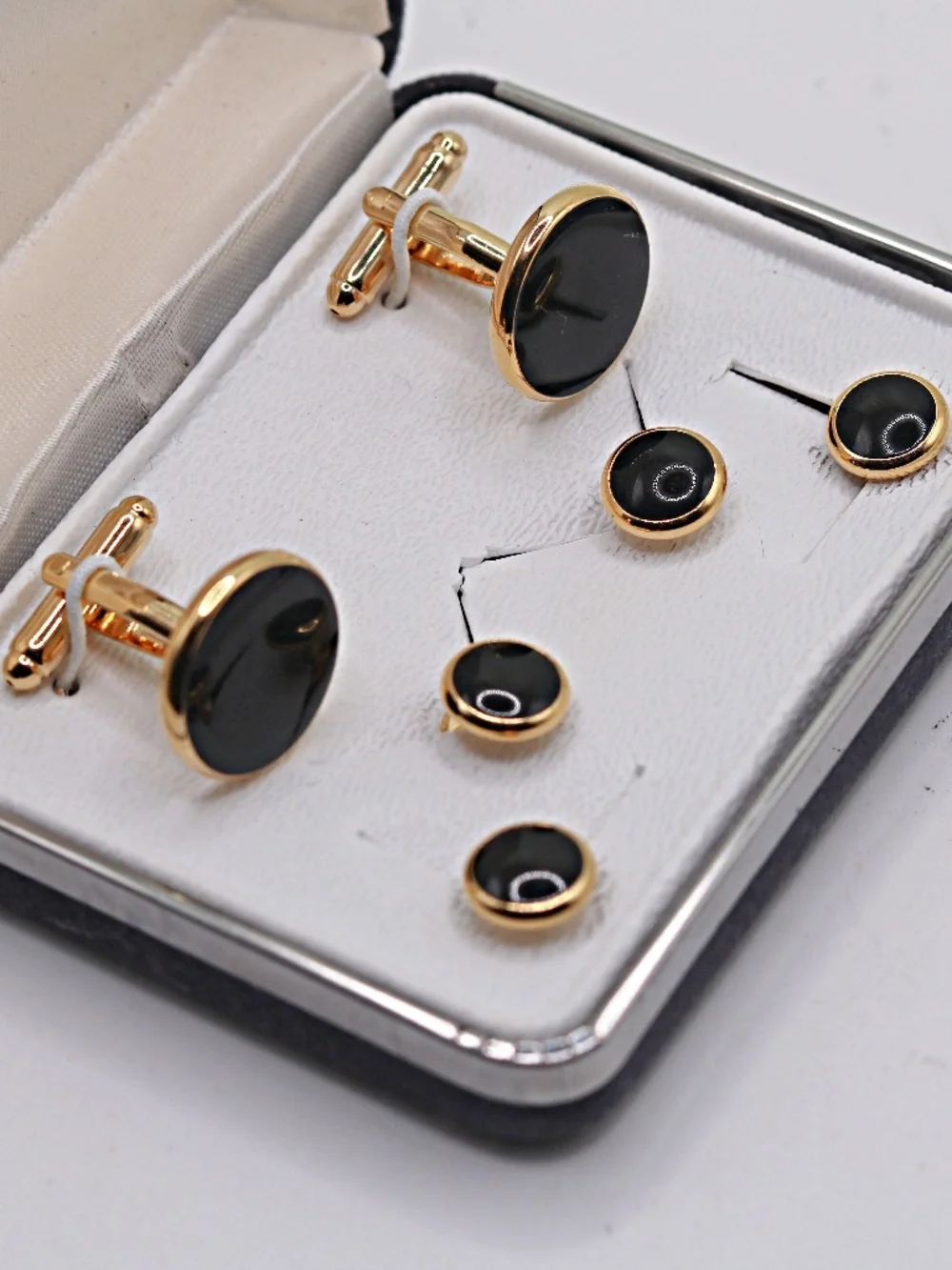 Mens Gold Tone Black Onyx Cufflinks and 4 Shirt Studs Set in Box